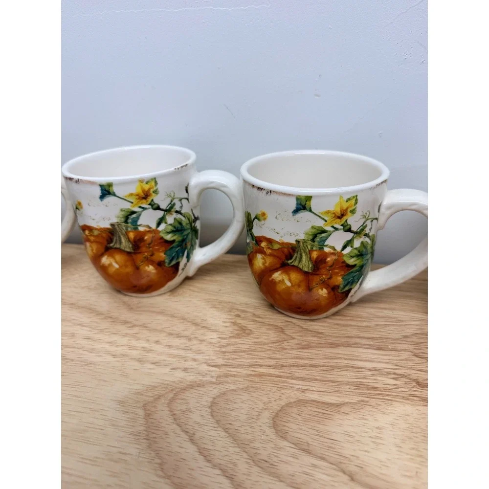 Pier 1 Imports Pumpkin Patch Ironstone Mugs Set of 5 Fall Harvest Coffee Cups#68
